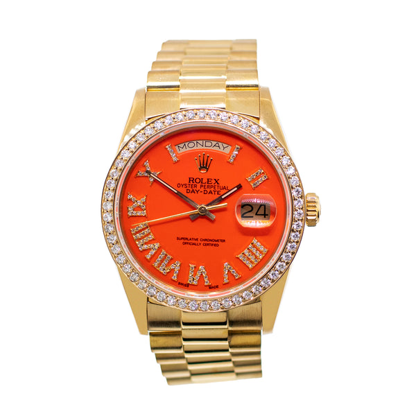 Rolex Day Date 36mm Yellow Gold Orange Roman Diamond Dial Bezel 18238