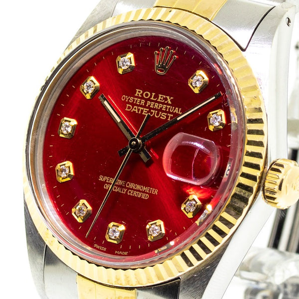 Rolex Datejust 36mm Yellow Gold Steel Red Diamond Dial Fluted Bezel 16013