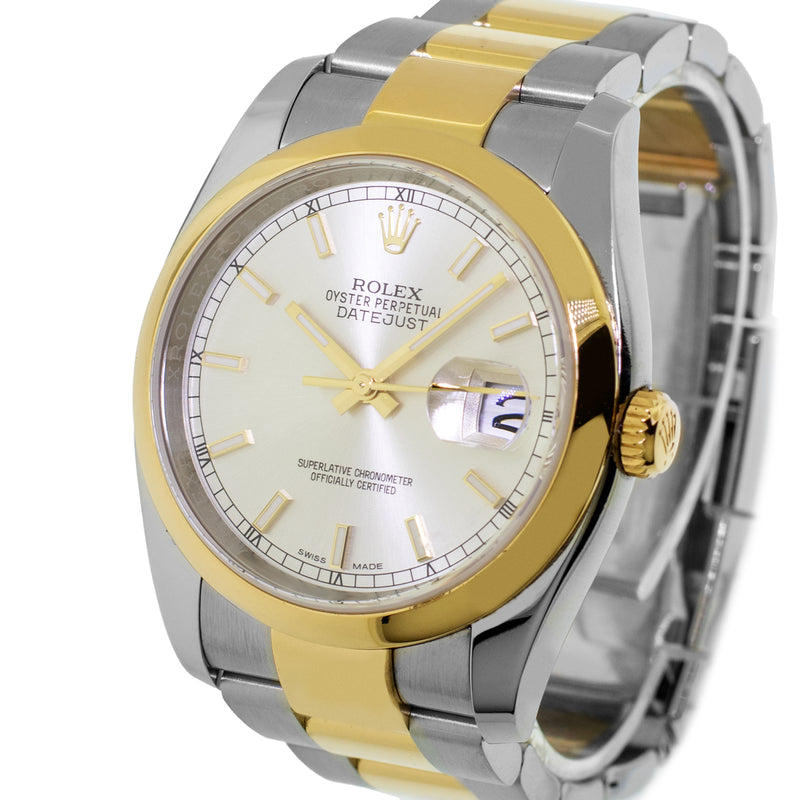 Rolex Datejust 36mm 18K Yellow Gold & Steel Silver Index Dial Smooth Bezel 116203-Da Vinci Fine Jewelry