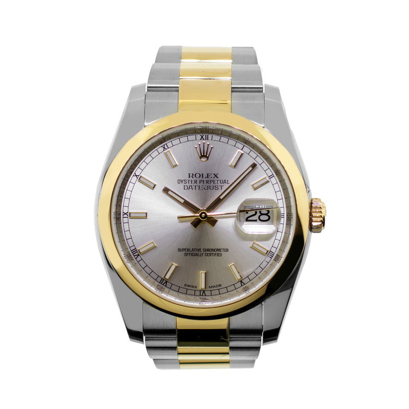 Rolex Datejust 36mm 18K Yellow Gold & Steel Silver Index Dial Smooth Bezel 116203-Da Vinci Fine Jewelry