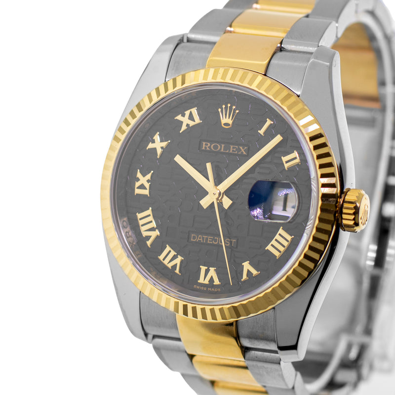 Rolex Datejust 36mm Yellow Gold & Steel Black Jubilee Roman Dial Fluted Bezel 116233-Da Vinci Fine Jewelry
