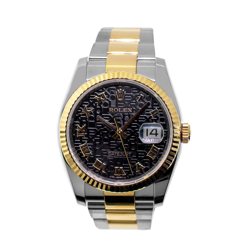 Rolex Datejust 36mm Yellow Gold & Steel Black Jubilee Roman Dial Fluted Bezel 116233-Da Vinci Fine Jewelry
