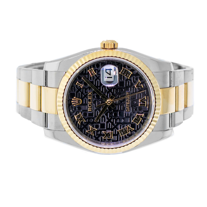 Rolex Datejust 36mm Yellow Gold & Steel Black Jubilee Roman Dial Fluted Bezel 116233-Da Vinci Fine Jewelry