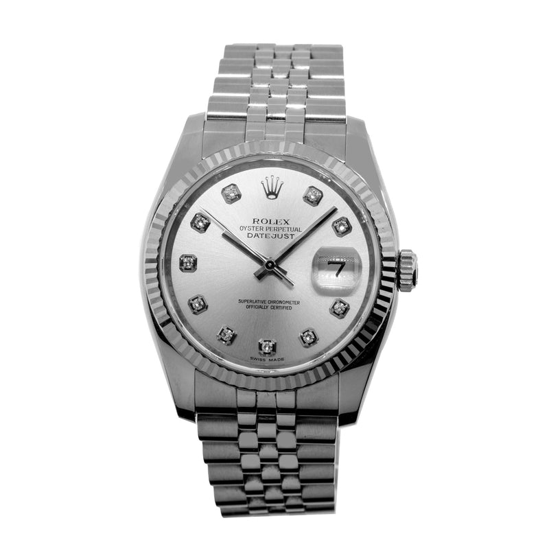 Rolex Datejust 36mm White Gold & Steel Silver Diamond Dial & Fluted Bezel 116234-Da Vinci Fine Jewelry