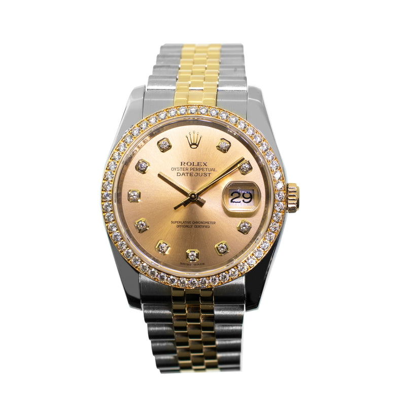 Rolex Datejust 36mm Yellow Gold & Steel Champagne Diamond Dial Diamond Bezel 116243-Da Vinci Fine Jewelry