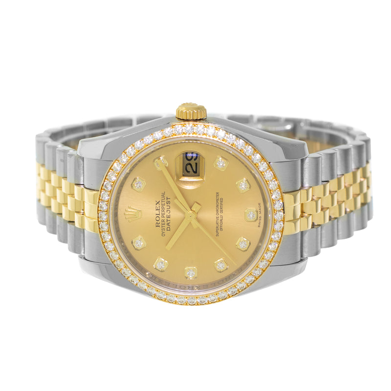 Rolex Datejust 36mm Yellow Gold & Steel Champagne Diamond Dial Diamond Bezel 116243-Da Vinci Fine Jewelry