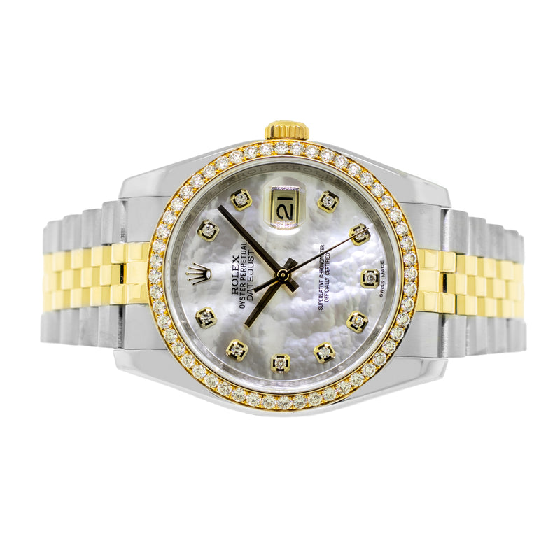 Rolex Datejust 36mm Yellow Gold & Steel Mother of Pearl Diamond Dial Diamond Bezel 116243-Da Vinci Fine Jewelry