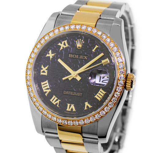 Rolex Datejust 36mm Yellow Gold & Steel Black Jubilee Diamond Dial Diamond Bezel 116243-Da Vinci Fine Jewelry