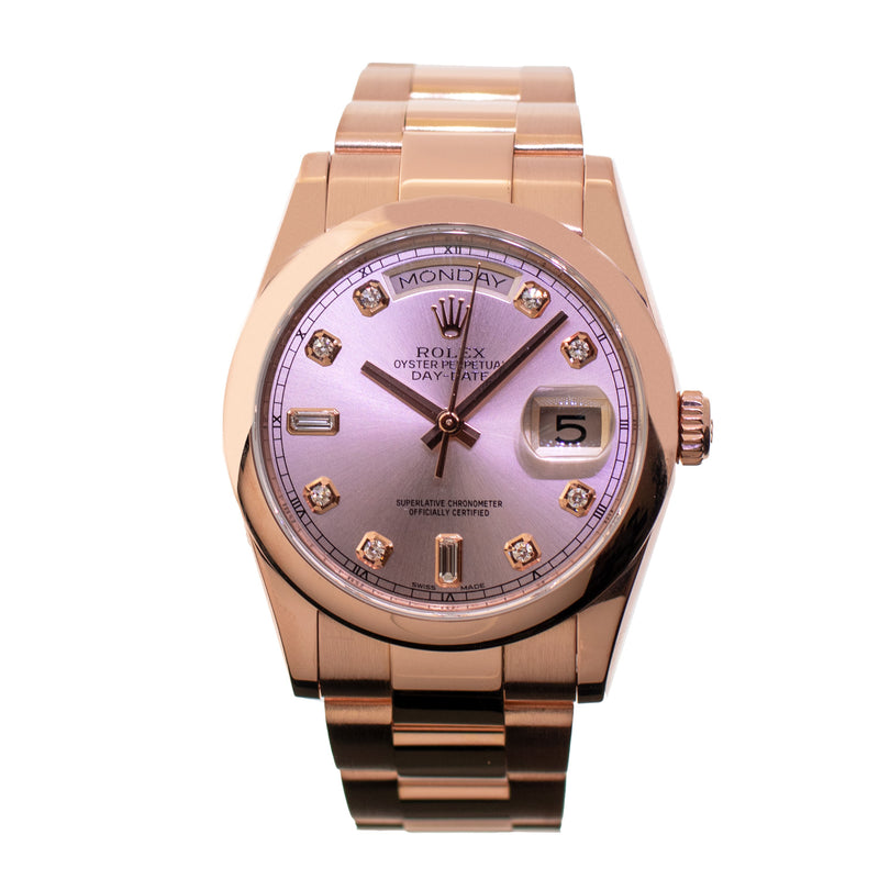 Rolex Day-Date 36mm Everose Gold Pink Diamond Dial & Smooth Bezel 118205-Da Vinci Fine Jewelry