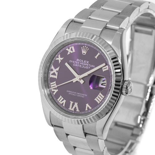 Rolex Datejust 36mm White Gold & Steel Purple Roman Dial Fluted Bezel 126234-Da Vinci Fine Jewelry