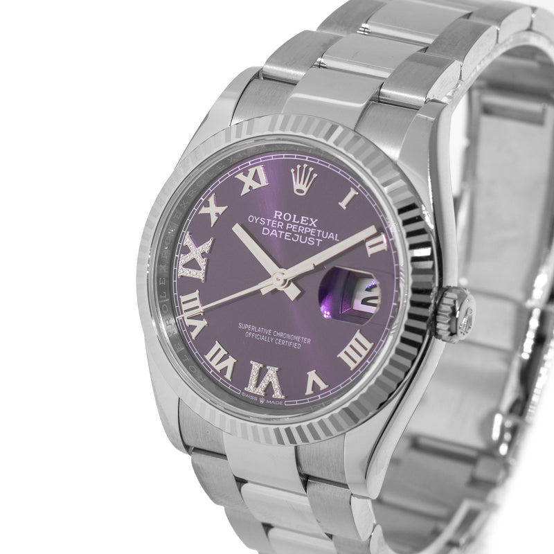 Rolex Datejust 36mm White Gold & Steel Purple Roman Dial Fluted Bezel 126234-Da Vinci Fine Jewelry
