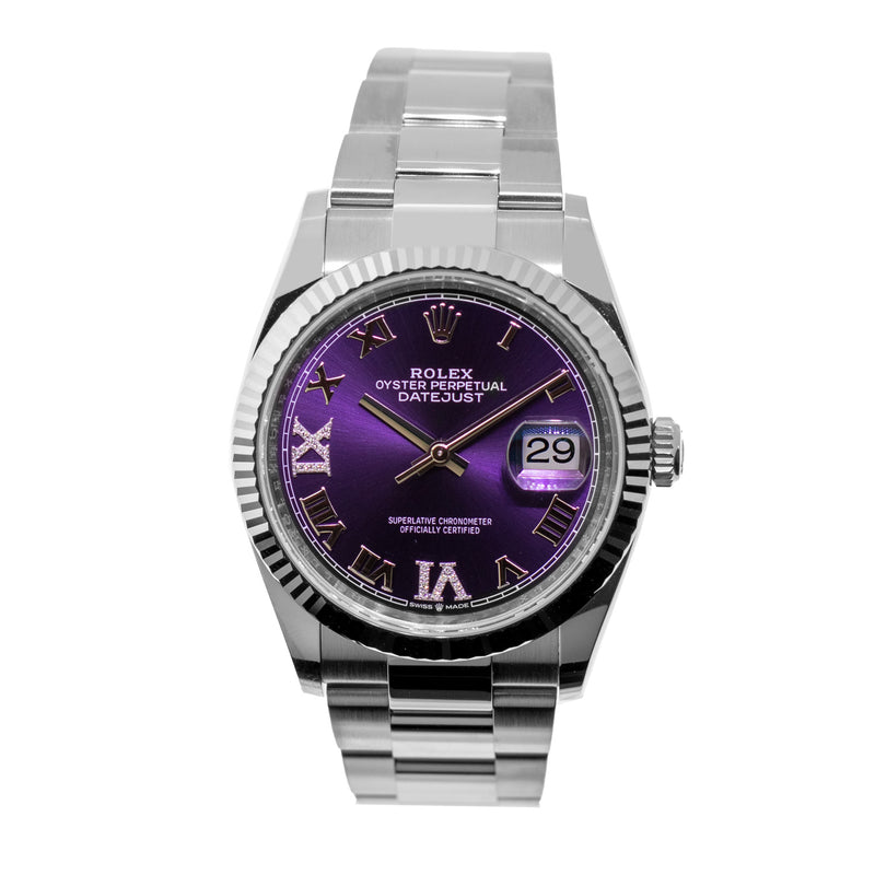 Rolex Datejust 36mm White Gold & Steel Purple Roman Dial Fluted Bezel 126234-Da Vinci Fine Jewelry