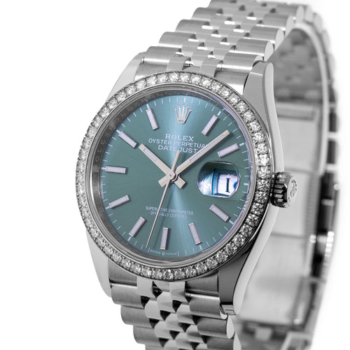 Rolex Datejust 36mm White Gold & Steel Green Index Dial Diamond Bezel 126284-Da Vinci Fine Jewelry