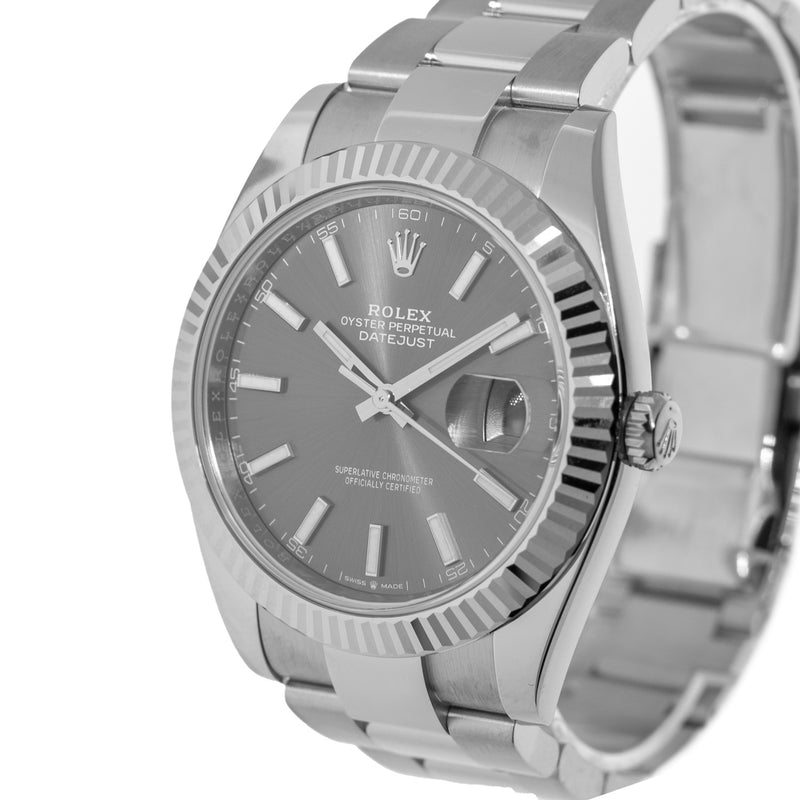 Rolex Datejust II 41mm Stainless Steel Rhodium Index Dial 18K White Gold Fluted Bezel 126334-Da Vinci Fine Jewelry