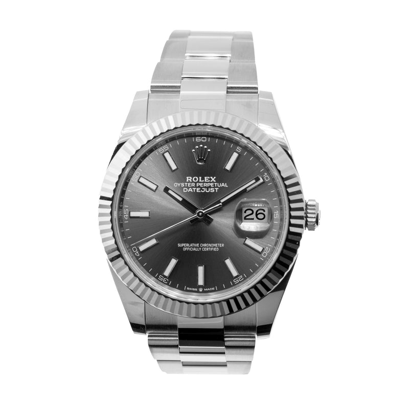 Rolex Datejust II 41mm Stainless Steel Rhodium Index Dial 18K White Gold Fluted Bezel 126334-Da Vinci Fine Jewelry