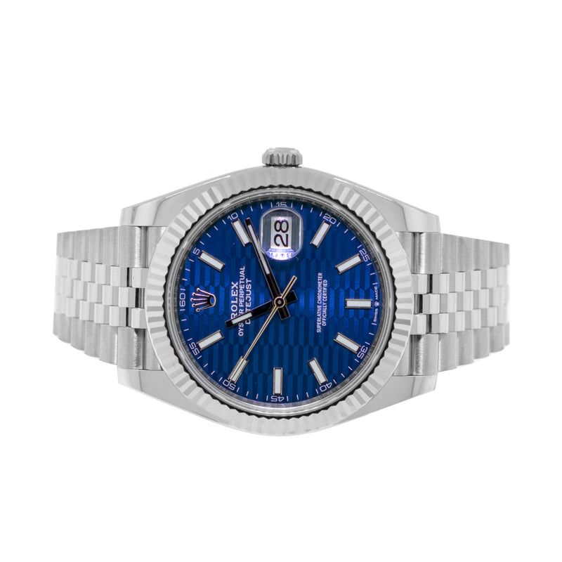 Rolex Datejust II 41mm Stainless Steel Blue Motif Index Dial 18K White Gold Fluted Bezel 126334-Da Vinci Fine Jewelry