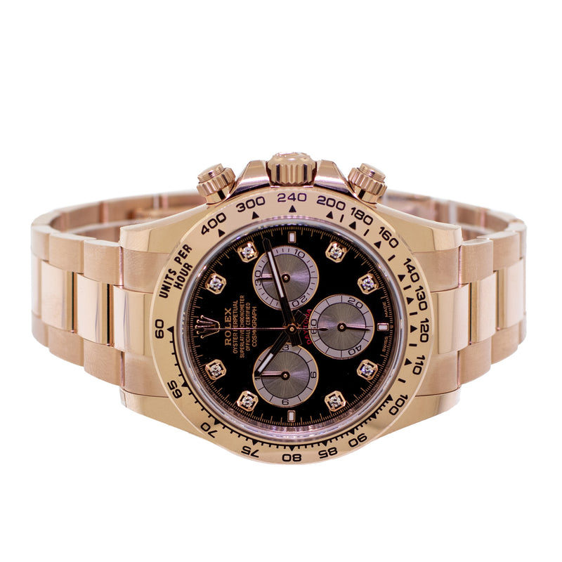 Rolex Daytona 40mm Everose Gold Black Diamond Dial & Gold Bezel 126505-Da Vinci Fine Jewelry