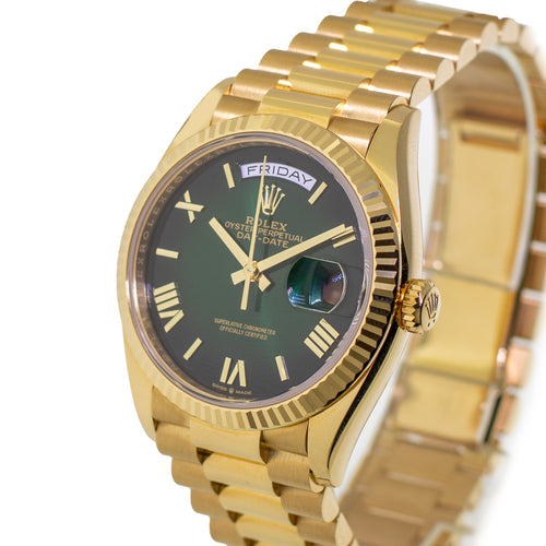 Rolex Day-Date 36mm Yellow Gold Green Hombre Roman Dial & Fluted Bezel 128238-Da Vinci Fine Jewelry