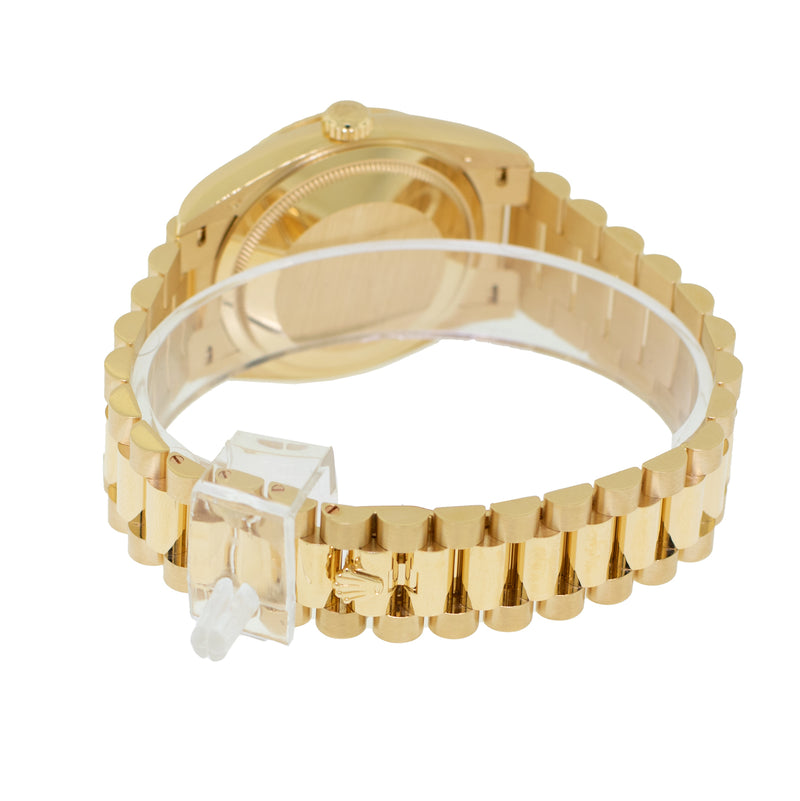 Rolex Day-Date 36mm Yellow Gold Carnelian Roman Diamond Dial & Fluted Bezel 128238-Da Vinci Fine Jewelry