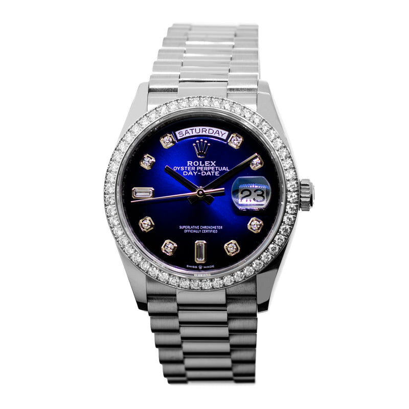 Rolex Day-Date 36mm White Gold Blue Ombre Diamond Dial Diamond Bezel President 128349-Da Vinci Fine Jewelry