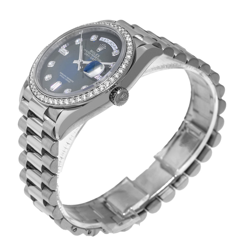 Rolex Day-Date 36mm White Gold Blue Ombre Diamond Dial Diamond Bezel President 128349-Da Vinci Fine Jewelry