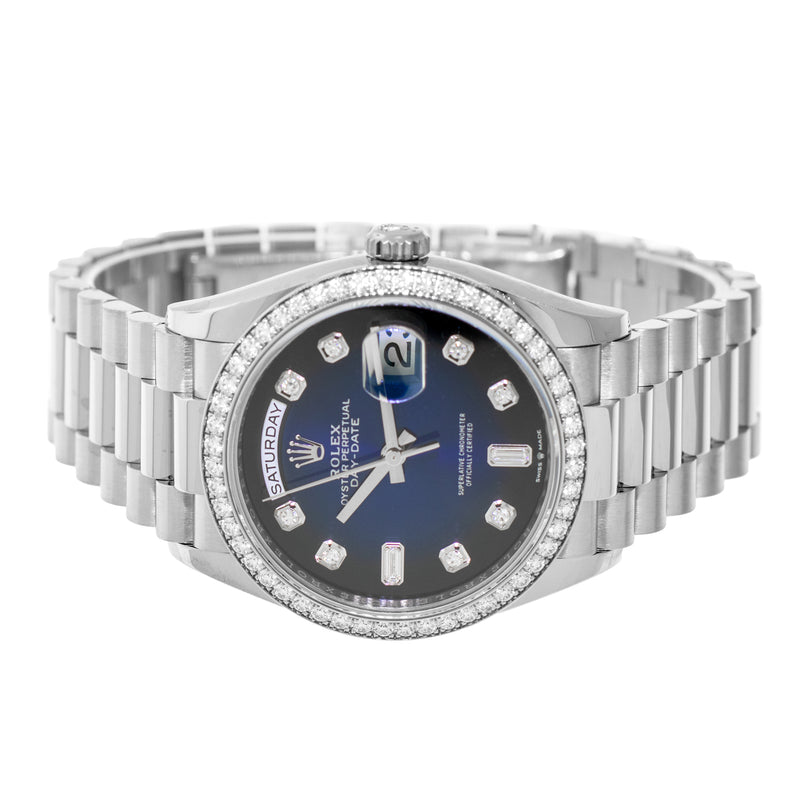 Rolex Day-Date 36mm White Gold Blue Ombre Diamond Dial Diamond Bezel President 128349-Da Vinci Fine Jewelry