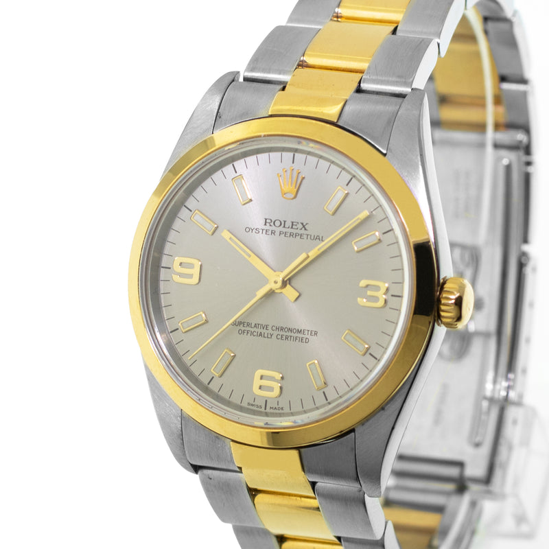 Rolex Oyster Perpetual 34mm 18K Yellow Gold & Steel Slate Arabic Dial Smooth Bezel 14203-Da Vinci Fine Jewelry