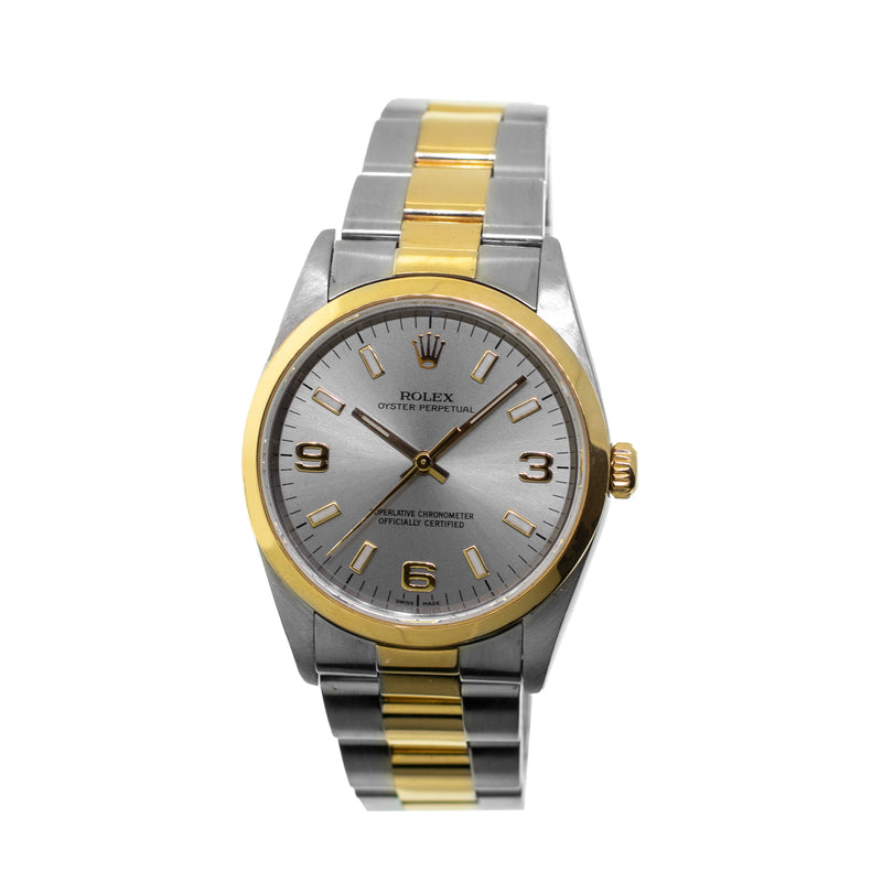 Rolex Oyster Perpetual 34mm 18K Yellow Gold & Steel Slate Arabic Dial Smooth Bezel 14203-Da Vinci Fine Jewelry