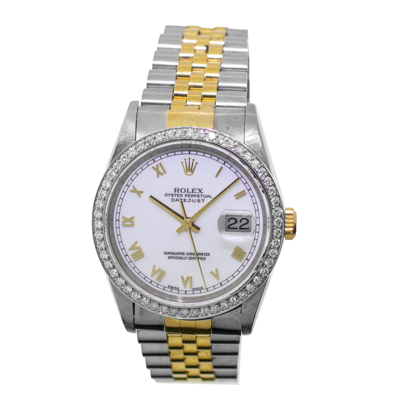 Rolex Datejust 36mm Yellow Gold & Steel White Roman Dial & Diamond Bezel 16233-Da Vinci Fine Jewelry