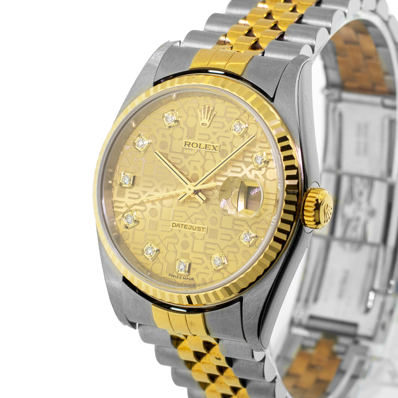 Rolex Datejust 36mm Yellow Gold Steel Champagne Jubilee Diamond Dial Fluted Bezel 16233-Da Vinci Fine Jewelry