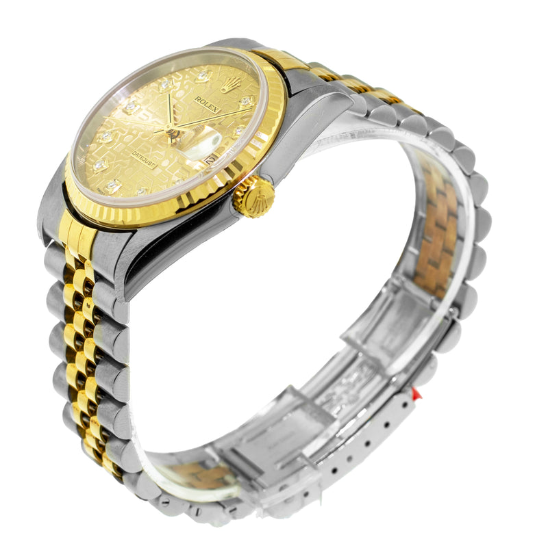 Rolex Datejust 36mm Yellow Gold Steel Champagne Jubilee Diamond Dial Fluted Bezel 16233-Da Vinci Fine Jewelry