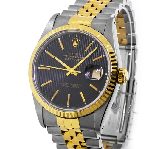 Rolex Datejust 36mm Yellow Gold & Steel Black Tapestry Index Dial and Fluted Bezel 16233-Da Vinci Fine Jewelry