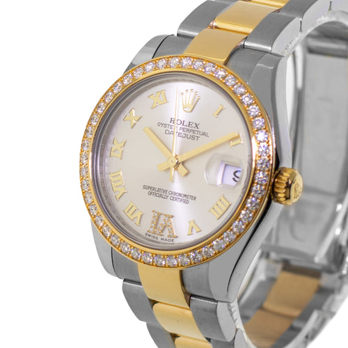 Rolex Lady-Datejust 31mm Yellow Gold & Steel Silver Roman Diamond Dial & Diamond Bezel 178383-Da Vinci Fine Jewelry