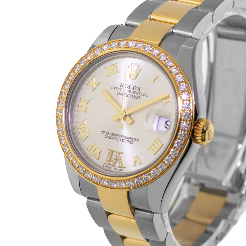 Rolex Lady-Datejust 31mm Yellow Gold & Steel Silver Roman Diamond Dial & Diamond Bezel 178383-Da Vinci Fine Jewelry