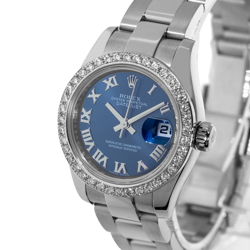 Rolex Datejust 26mm Stainless Steel Blue Roman Dial & Custom Diamond Bezel 179160-Da Vinci Fine Jewelry