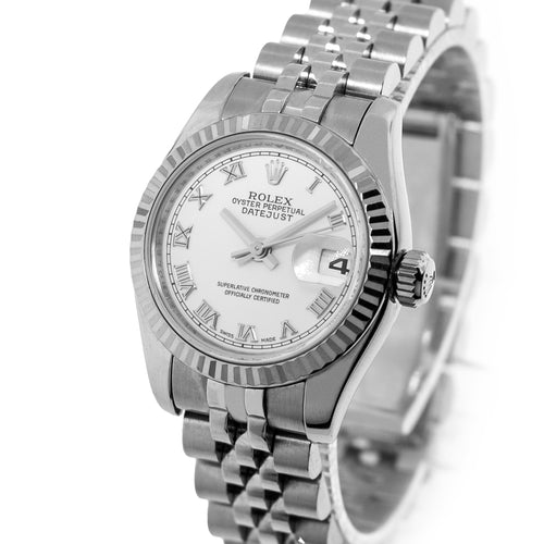 Rolex Datejust 26mm White Gold Steel White Roman Dial Fluted Bezel 179174-Da Vinci Fine Jewelry