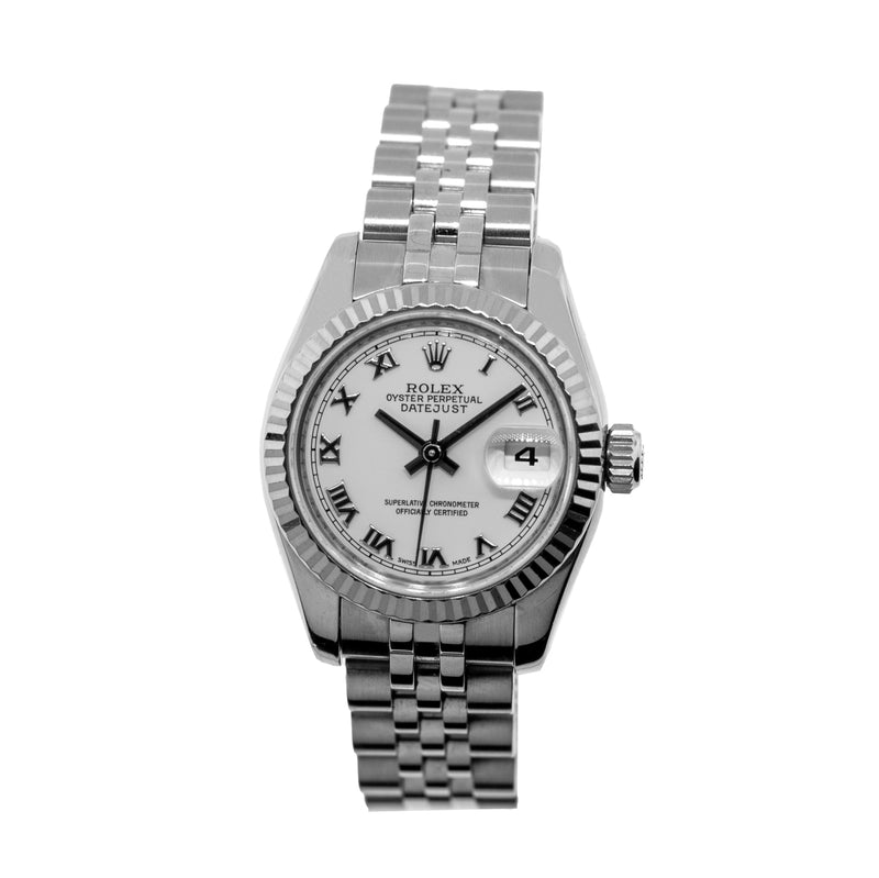 Rolex Datejust 26mm White Gold Steel White Roman Dial Fluted Bezel 179174-Da Vinci Fine Jewelry