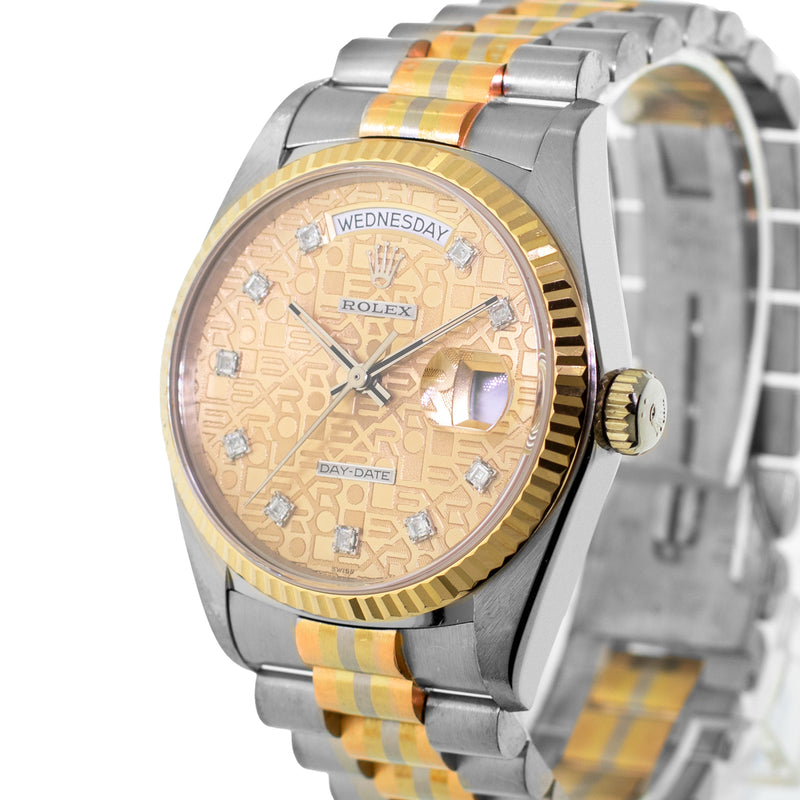 Rolex Day-Date 36mm Yellow, Rose and White Gold TRIDOR Champagne Jubilee Diamond Dial Fluted Bezel 18039-Da Vinci Fine Jewelry