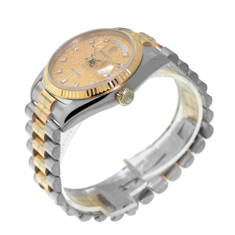 Rolex Day-Date 36mm Yellow, Rose and White Gold TRIDOR Champagne Jubilee Diamond Dial Fluted Bezel 18039-Da Vinci Fine Jewelry