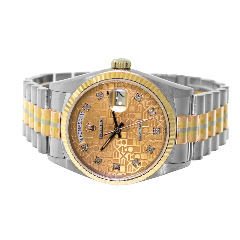 Rolex Day-Date 36mm Yellow, Rose and White Gold TRIDOR Champagne Jubilee Diamond Dial Fluted Bezel 18039-Da Vinci Fine Jewelry