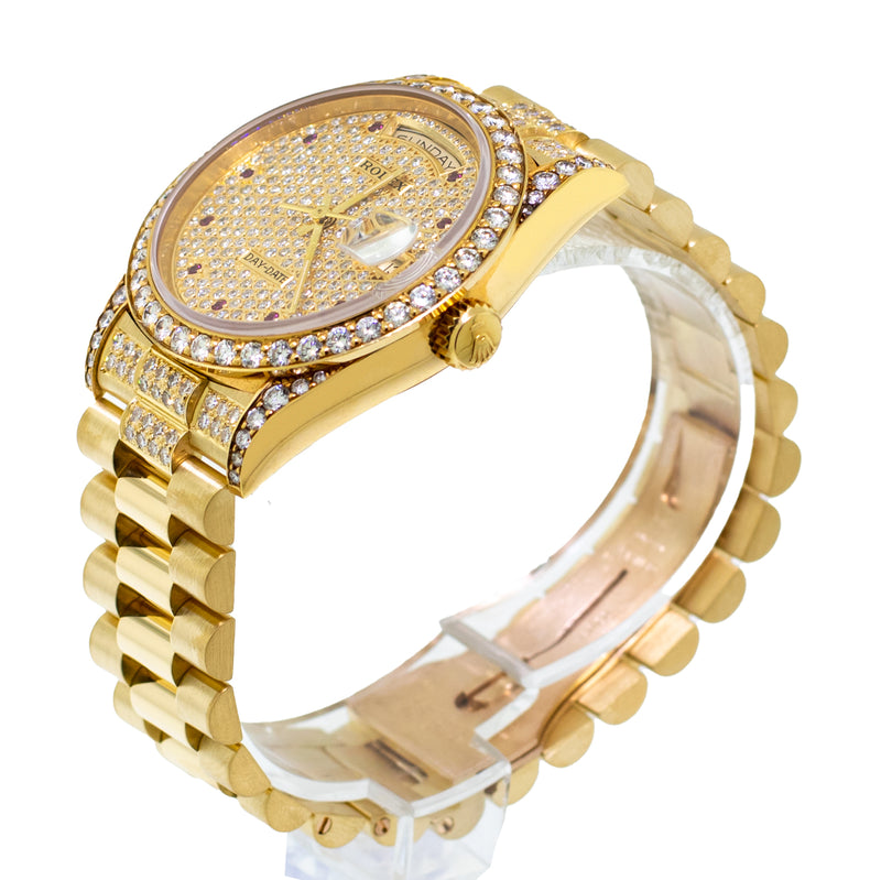 Rolex Day-Date 36mm Yellow Gold Diamond Paved Ruby Dial, Bezel and Lugs 18238-Da Vinci Fine Jewelry