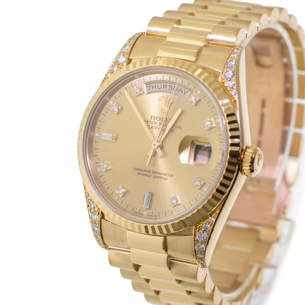 Rolex Day-Date 36mm Yellow Gold Champagne Diamond Dial & Fluted