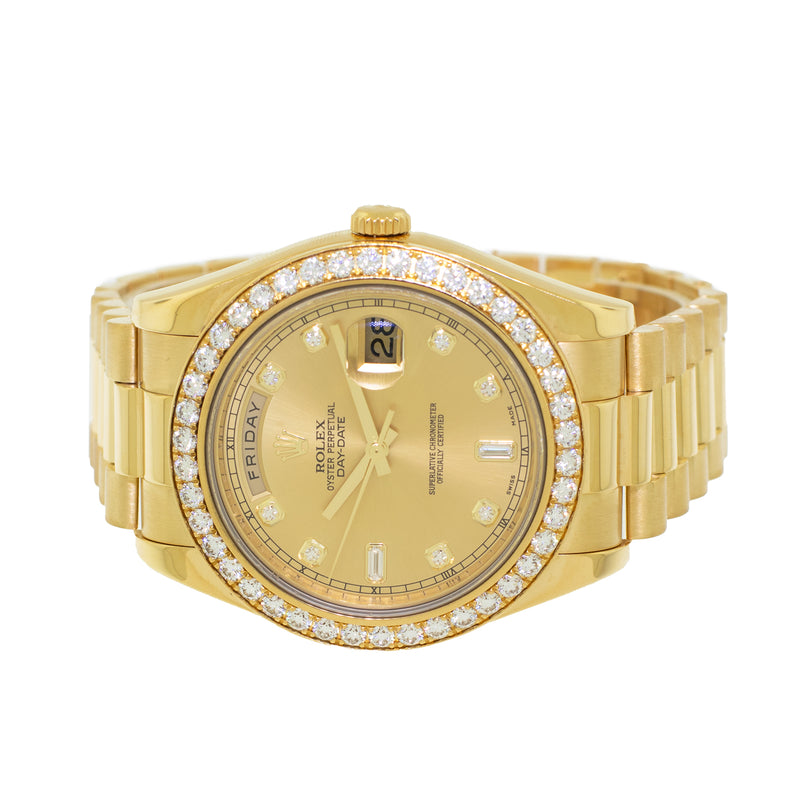 Rolex Day-Date 41mm Yellow Gold Factory Champagne Diamond Dial & Diamond Bezel 218348-Da Vinci Fine Jewelry