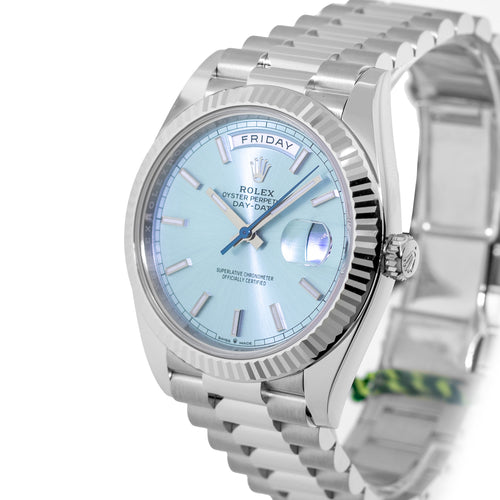 Rolex Day-Date 40mm Platinum Ice Blue Index Dial & Fluted Bezel 228236-Da Vinci Fine Jewelry