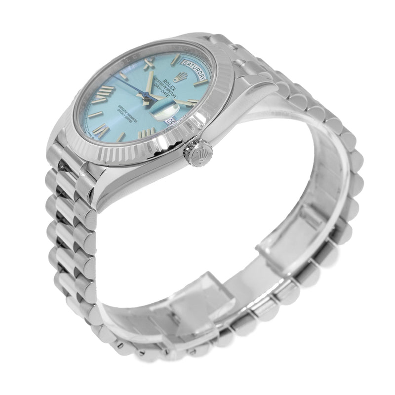 Rolex Day-Date 40mm Platinum Ice Blue Roman Dial & Fluted Bezel 228236-Da Vinci Fine Jewelry