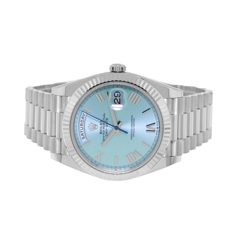 Rolex Day-Date 40mm Platinum Ice Blue Roman Dial & Fluted Bezel 228236-Da Vinci Fine Jewelry