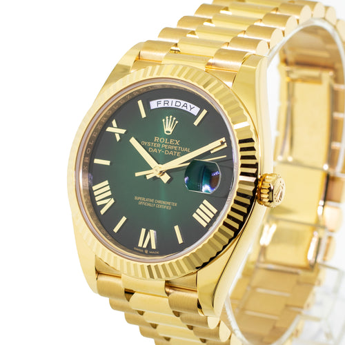 Rolex Day-Date 40mm Yellow Gold Green Ombre Roman Dial & Fluted Bezel 228238-Da Vinci Fine Jewelry