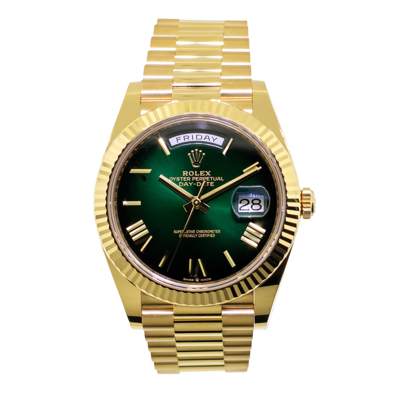 Rolex Day-Date 40mm Yellow Gold Green Ombre Roman Dial & Fluted Bezel 228238-Da Vinci Fine Jewelry