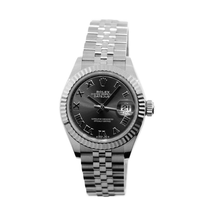 Rolex Lady-Datejust 28mm White Gold & Steel Dark Rhodium Roman Dial & Fluted Bezel 279174-Da Vinci Fine Jewelry