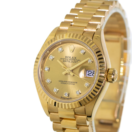 Rolex Datejust 28mm Yellow Gold President Champagne Diamond Dial & Fluted Bezel 279178-Da Vinci Fine Jewelry